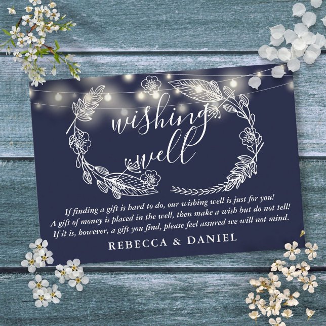 Wishing well String Ljus marinblå Bröllop Tilläggskort (Wishing Well String Lights Navy Blue Wedding Enclosure Card)