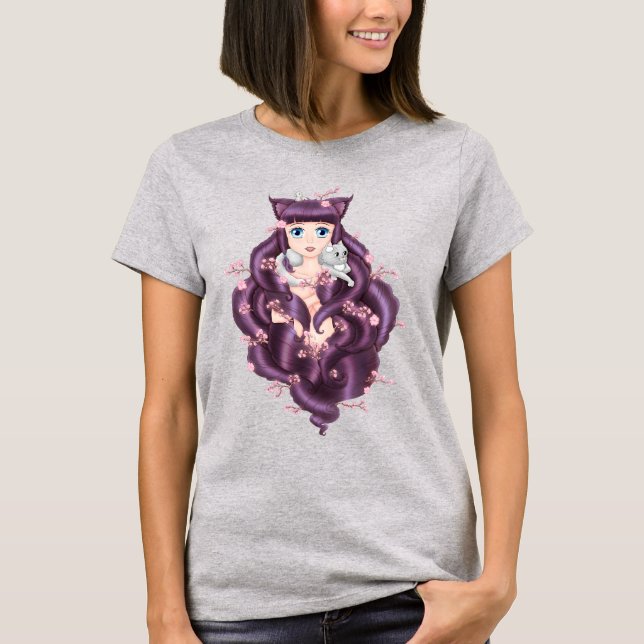 Wispy Lila Hairo Neko Anime Girl Tee Shirt (Framsida)