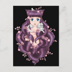 Wispy Lila Hairo Neko Anime Girl Vykort