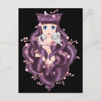 Wispy Lila Hairo Neko Anime Girl Vykort