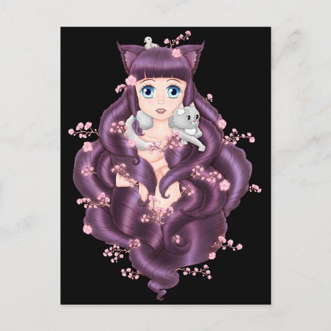 Wispy Lila Hairo Neko Anime Girl Vykort (Framsida)