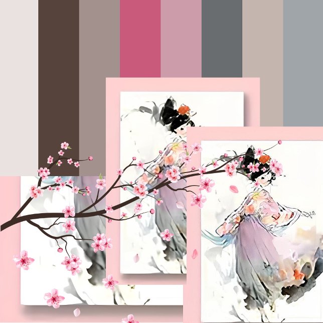 Wispy Watercolor | Dancing Japansk Girl Vykort (Pause in the Sweet Moments of Feminine Pink Hues as Pansylee Expresses Pastel Passions)