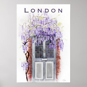 Wistariasäsong i London grå dörr akvarell  Poster