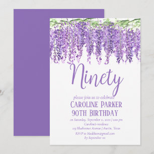Wisteria 90:e Birthday Lila Blommigt Violet Inbjudningar