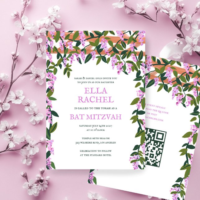 Wisteria Anpassningsbar B'nai Fladdermus Pub Mitzv Inbjudningar (Wisteria Custom B'nai Bat Bar Mitzvah QR Code Invitation Girl Modern 
)