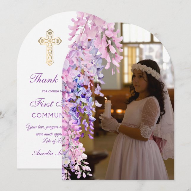 Wisteria Arch Första Kommunion Tacksamhetskort Inbjudningar (Fram/baksida)