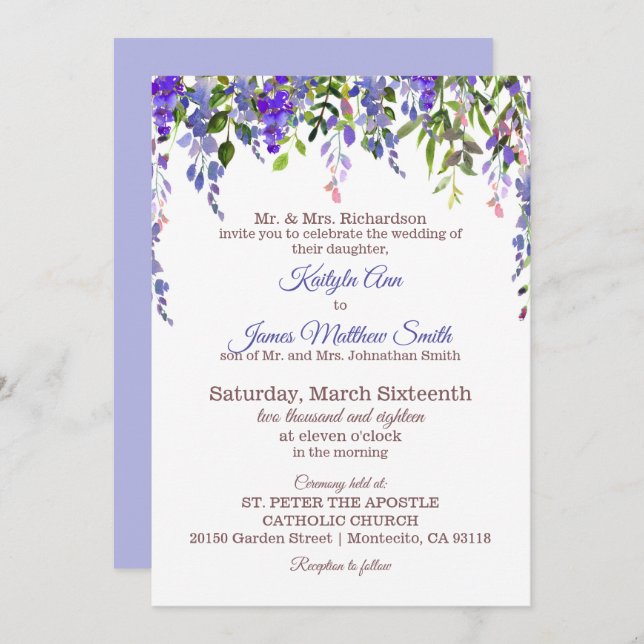 Wisteria Blommigt Modern Bröllop Inbjudningar (Fram/baksida)