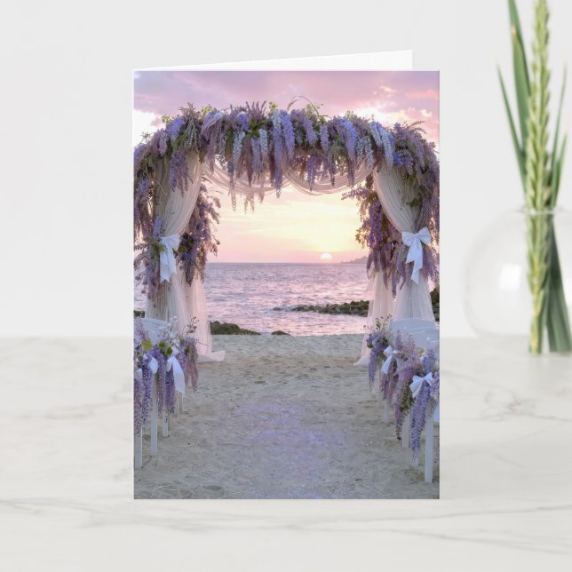 Wisteria bröllopsbåge på stranden kort (Framsida)
