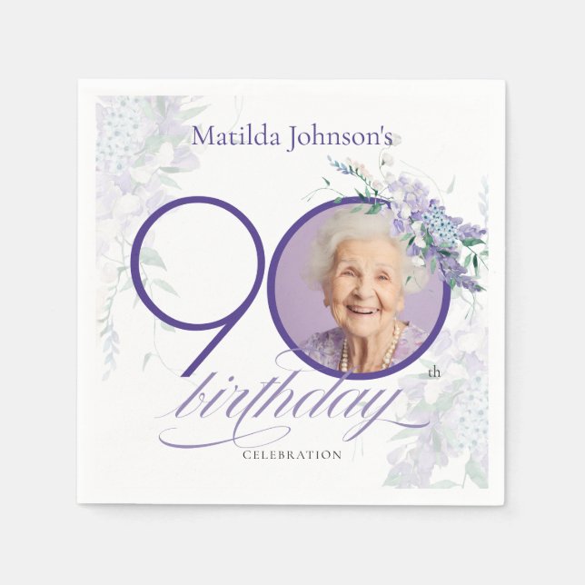 Wisteria Custom Photo Floral Purple 90th Birthday Pappersservett (Framsidan)
