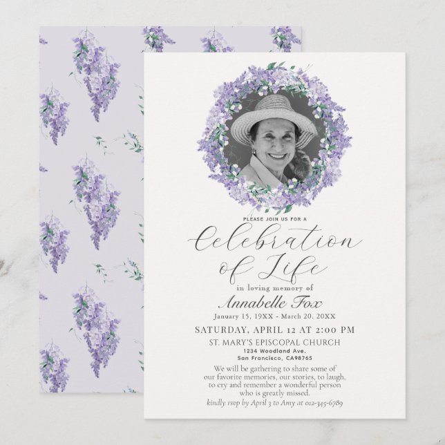Wisteria Firande of Life Funeral Memorial Inbjudningar (Fram/baksida)