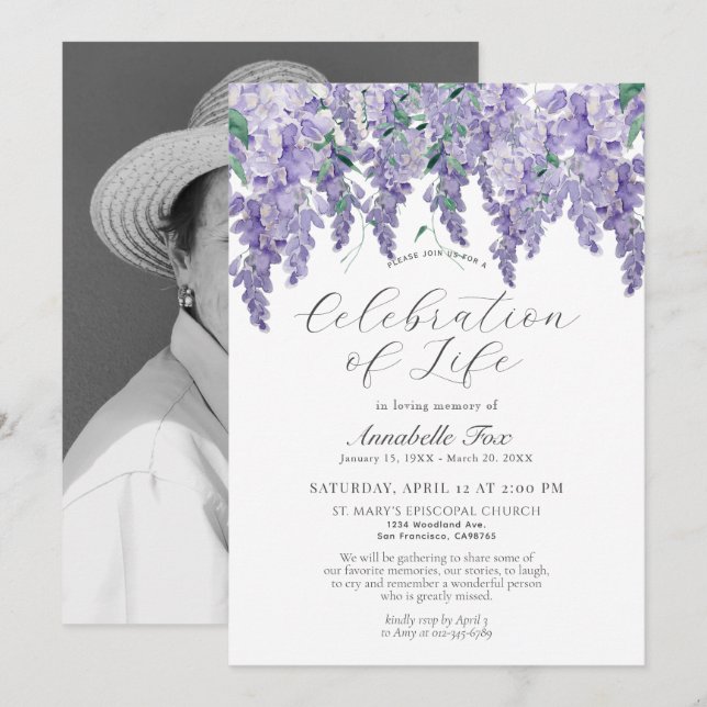 Wisteria Firande of Life Funeral Memorial Inbjudningar (Fram/baksida)