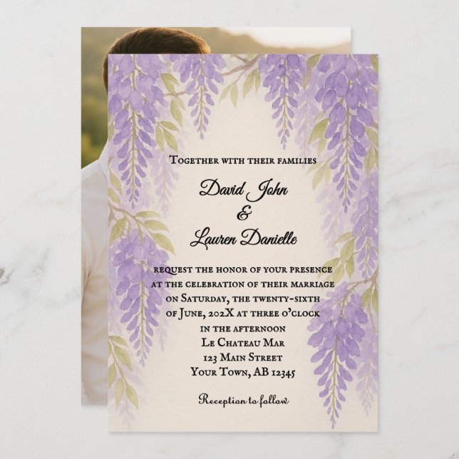 Wisteria Lane Photo Wedding Invitation Inbjudningar (Fram/baksida)