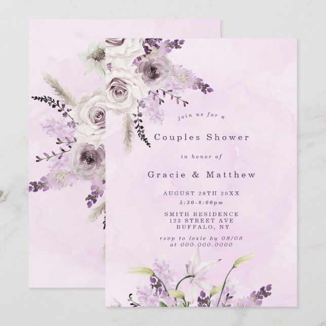 Wisteria Lavender Vit ros Par Shower Inbjudan (Fram/baksida)