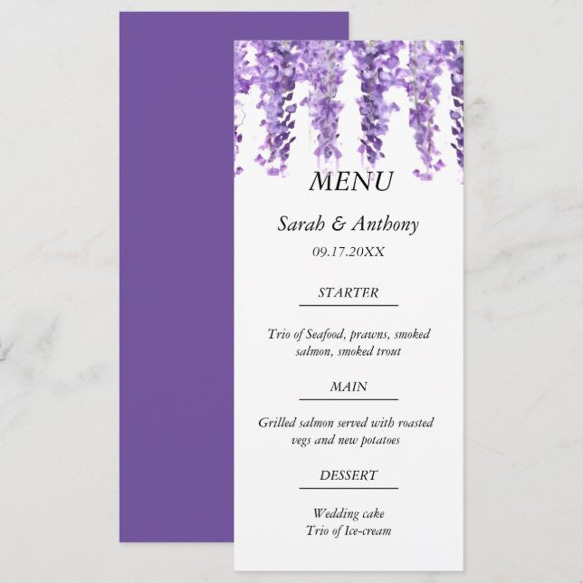 Wisteria Lila Blommigt Watercolor Bröllop Food Meny (Fram/baksida)