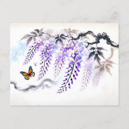 Wisteria med Butterfly Asian Bläck Painting Helg Vykort