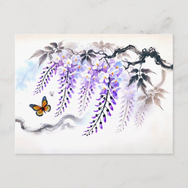 Wisteria med Butterfly Asian Bläck Painting Helg Vykort (Framsida)