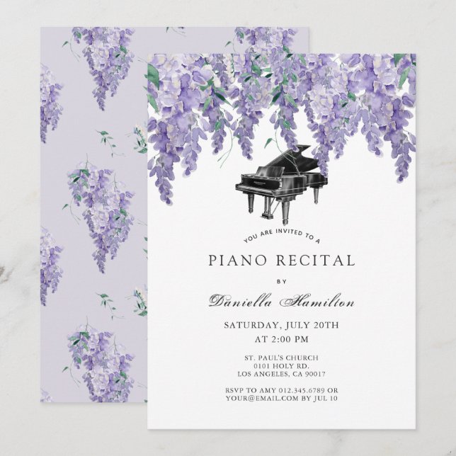 Wisteria Piano White Recital Invitation Inbjudningar (Fram/baksida)