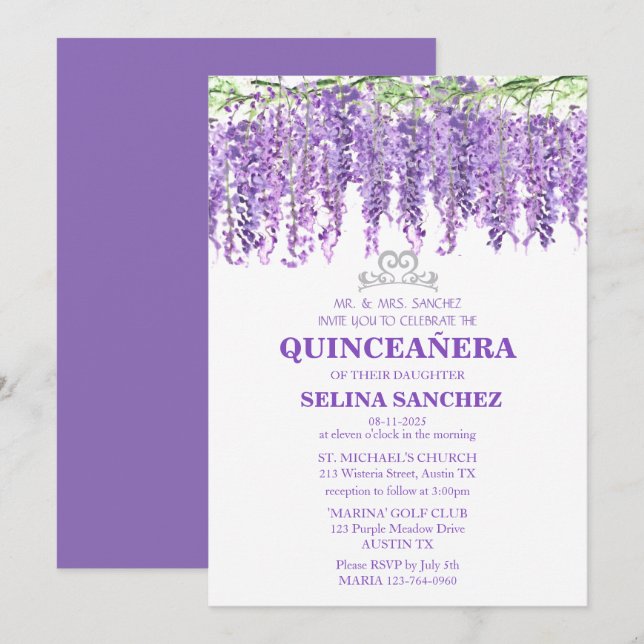 Wisteria Quinceanera Lila Blommigt 15:e födelsedag Inbjudningar (Fram/baksida)