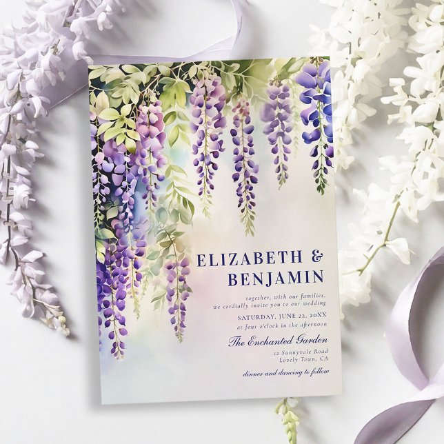 Wisteria Romantic Garden Party Elegant bröllop Inbjudningar (wisteria garden party wedding invitation romantic elegant modern formal trendy classy watercolor )