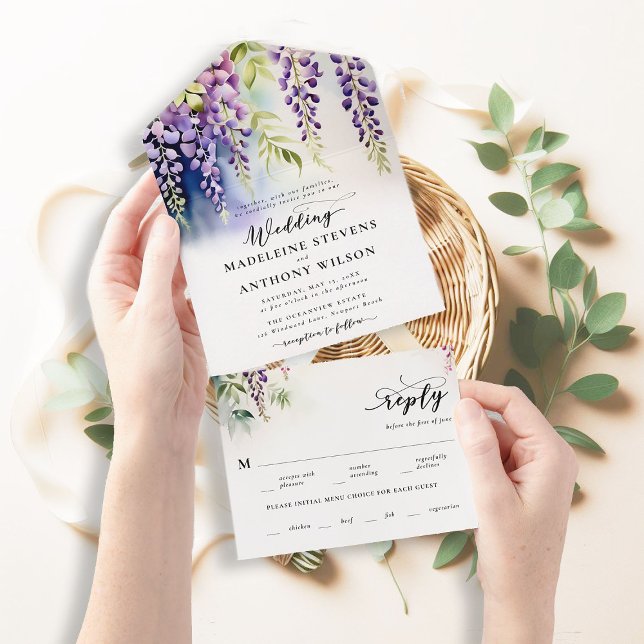 Wisteria Romantic Garden Party Lila Blue Bröllop (wisteria garden party wedding invitation romantic elegant modern formal watercolor floral all in one)