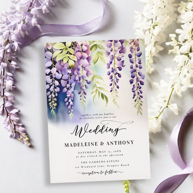 Wisteria Romantic Garden Party Lila Boho Bröllop Inbjudningar (wisteria garden party wedding invitation romantic elegant modern formal watercolor floral classy)