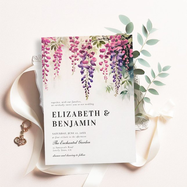 Wisteria Romantic Garden Party Rosa Lila Bröllop Inbjudningar (wisteria garden party wedding invitation romantic elegant modern formal watercolor floral pink boho)