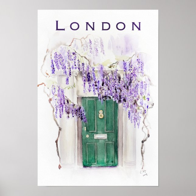 Wisteria season in London green door watercolour  Poster (Framsidan)
