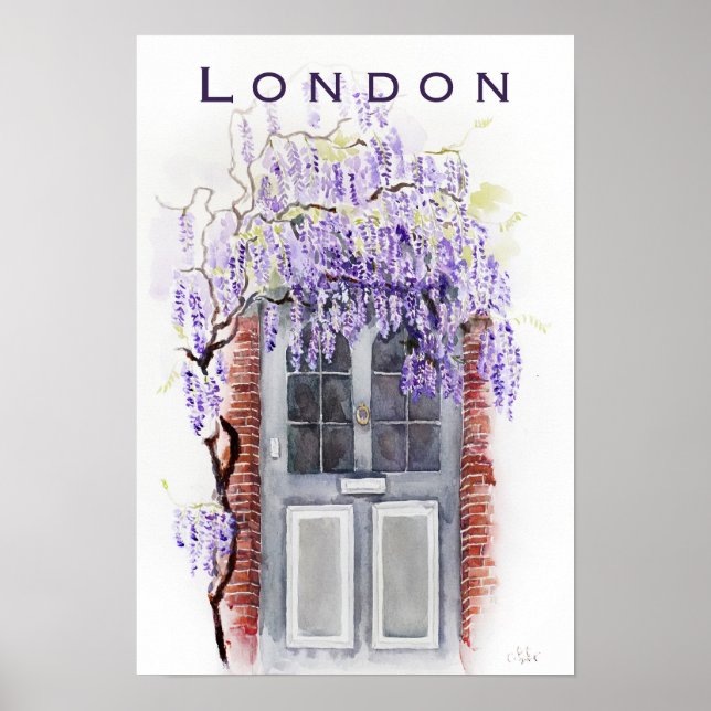 Wisteria season in London grey door watercolour  Poster (Framsidan)