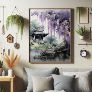 Wisteria Träd och Asian Temple Fototryck