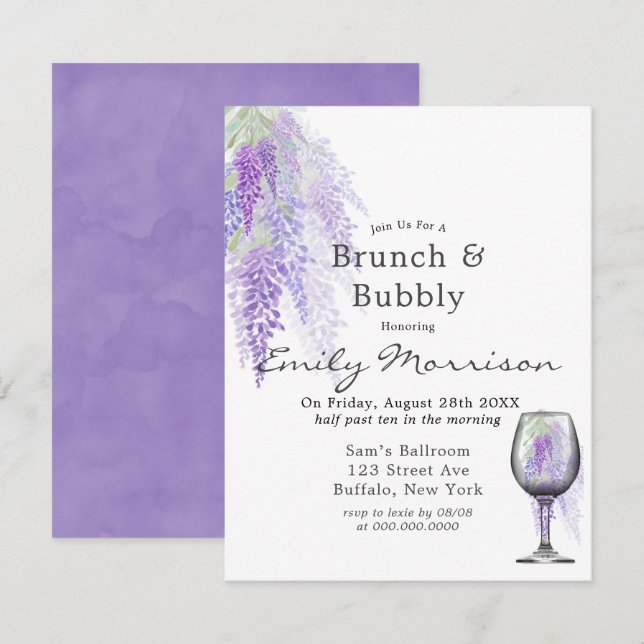 Wisteria Vin Glass Brunch & Bubbly-inbjudan Inbjudningar (Fram/baksida)