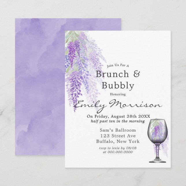 Wisteria Vin Glass Brunch & Bubbly-inbjudan Inbjudningar (Fram/baksida)