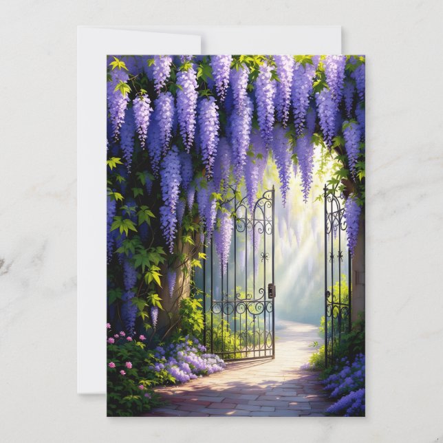 Wisteria vine on nostalgic, victorian garden gate  inbjudningar (Framsida)