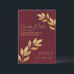 Wistful Leaves Elegant Burgundy and Gold Wedding Spara Datumet<br><div class="desc">These elegant wedding save the date cards feature a rustic yet modern design with sprigs of golden watercolor leaves entering from both sides of the card on a marbled burgundy background. The typography is unique and elegant with both left and right justified text. Simple and stylish, these cards are the...</div>