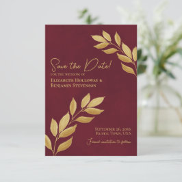 Wistful Leaves Elegant Burgundy and Gold Wedding Spara Datumet