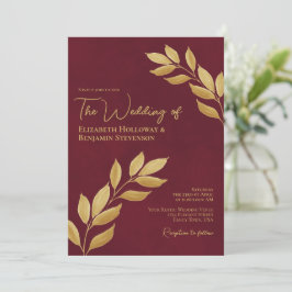 Wistful Leaves Elegant Burgundy & Gold Wedding Inbjudningar