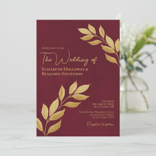 Wistful Leaves Elegant Burgundy & Gold Wedding Inbjudningar (Stående Fram)