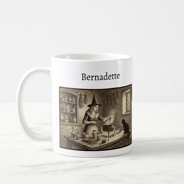 Witch and Black Cat making potion Custom Name Kaffemugg (Vänster)