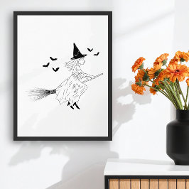Witch and Fladdermus Simple Line Art Minimal Hallo Poster