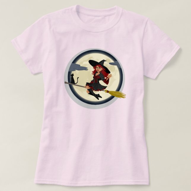 WITCH AND HER BLACK CAT IN BROOMSTICK T-SHIRT (Design framsida)