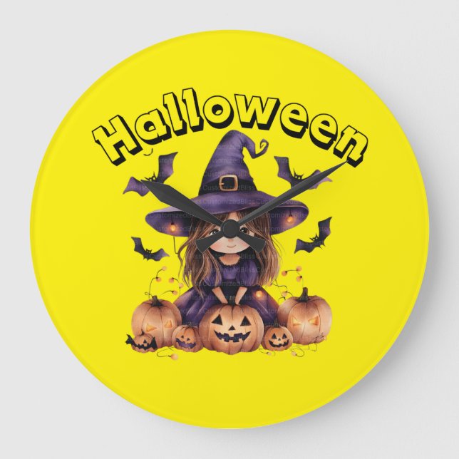Witch and Pumpkins Halloween Wall Clock Stor Klocka (Framsida)