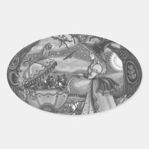 WITCH, BLACK CAT BUGGY GOTHIC STICKERS LAKAN Oval Ovalt Klistermärke