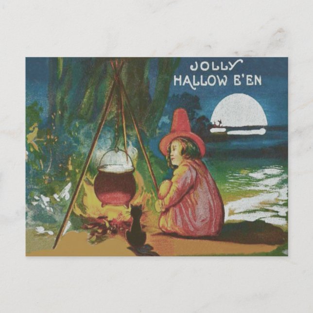 Witch Black Cat Cauldron Vykort (Framsida)