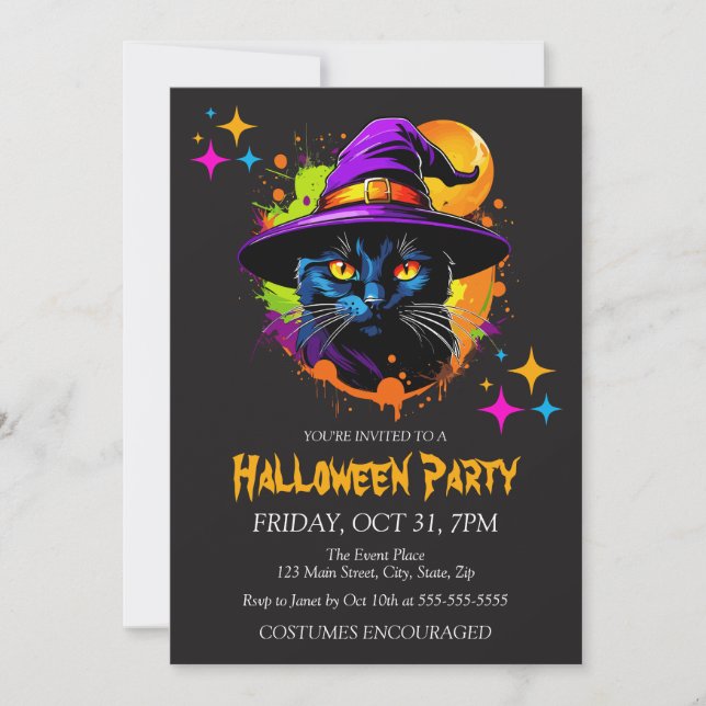 Witch Black Cat Costume Halloween fest Inbjudningar (Framsida)
