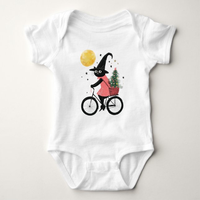 Witch Black Cat Cycling Cute and Spooky Christmas T Shirt (Framsida)