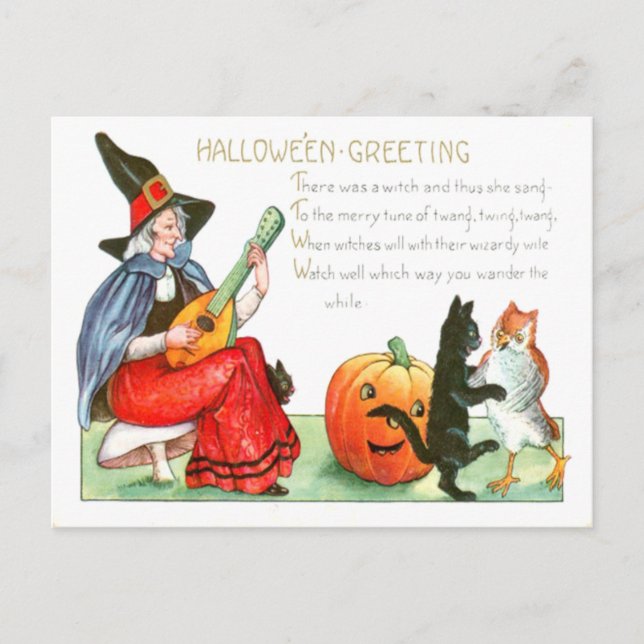 Witch Black Cat Guitar Jack o lantern Uggla Vykort (Framsida)