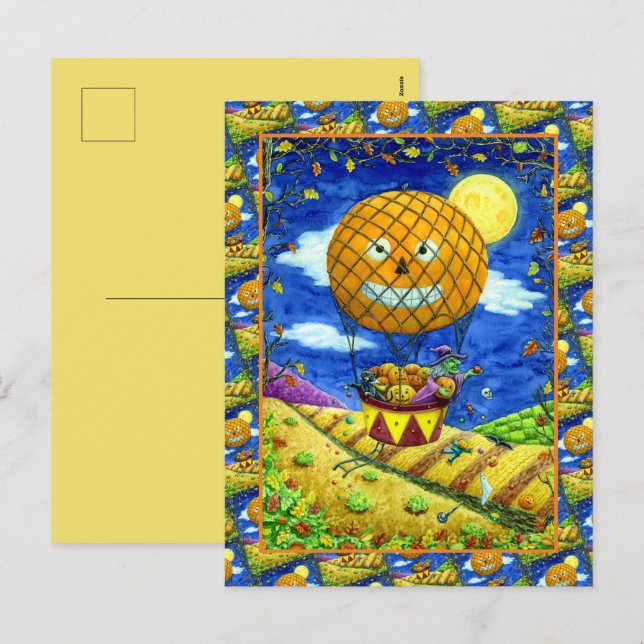 WITCH, BLACK CAT IN LUFTBALLONG FOLK ART HUMOR HELG VYKORT (Fram/baksida)