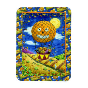 WITCH, BLACK CAT IN LUFTBALLONG FOLK ART HUMOR MAGNET