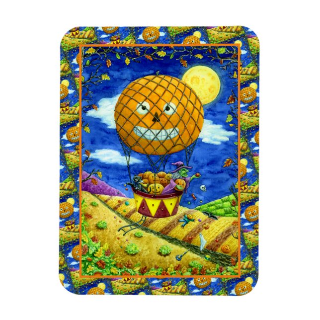 WITCH, BLACK CAT IN LUFTBALLONG FOLK ART HUMOR MAGNET (Vertikal)