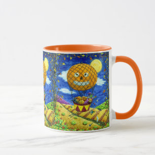 WITCH, BLACK CAT IN LUFTBALLONG FOLK ART HUMOR MUGG