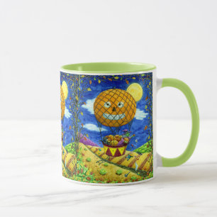 WITCH, BLACK CAT IN LUFTBALLONG FOLK ART HUMOR MUGG